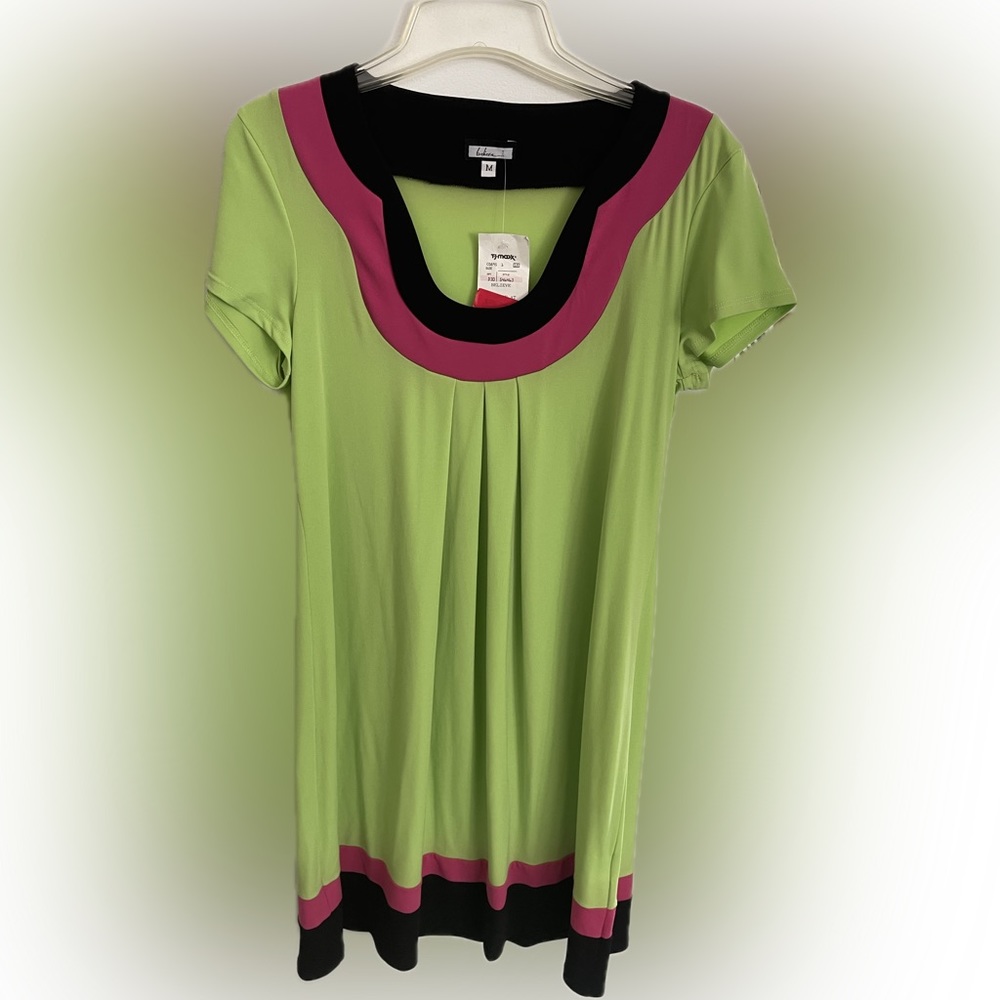 Medium Dress, green, with pink and black trim.